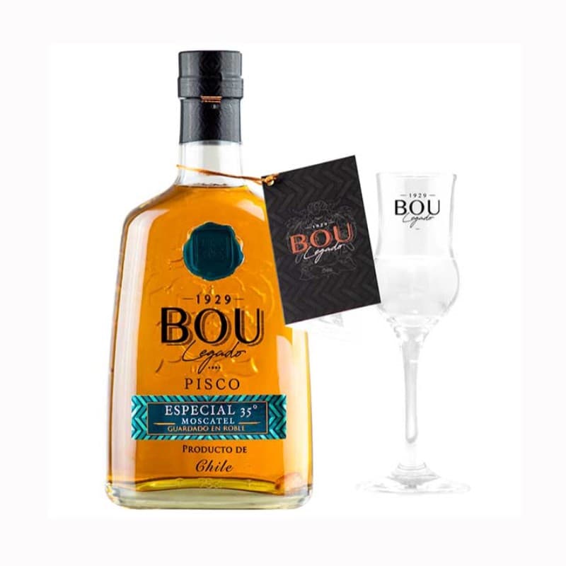 Imagen de PISCO BOU LEGADO RESERVADO ROBLE MOSCATEL 40° + COPA 750CC